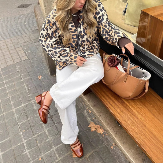 Cropped Damenjacke mit Leopardenmuster und Druckknöpfen