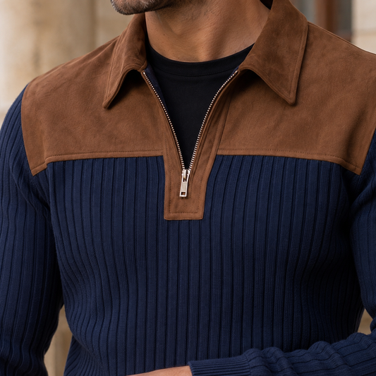 Detailansicht des Viertelreißverschlusses am Herrenpullover