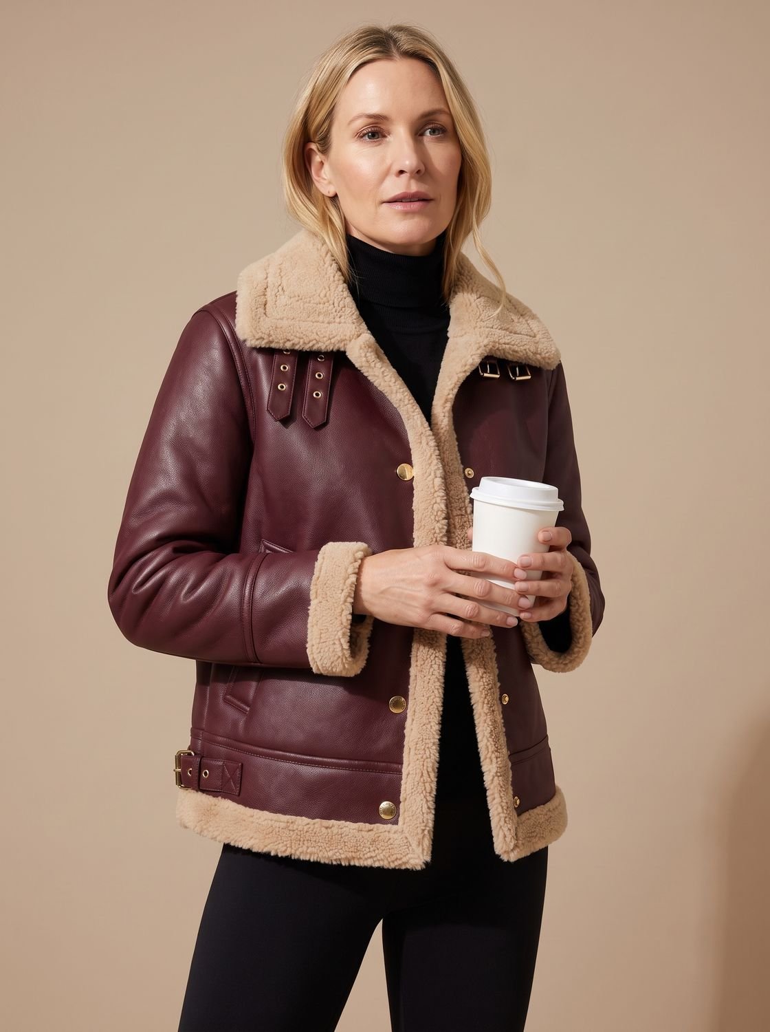 Damen Aviatorjacke Aus Kunstleder Mit Teddyfutter