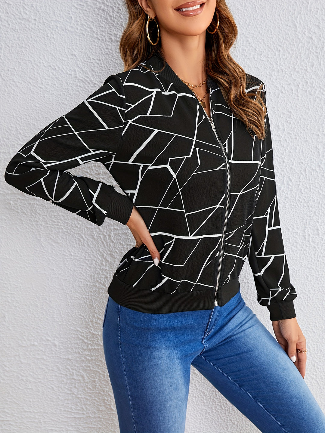 Geo Print Casual Jacket with Zipper for Women
