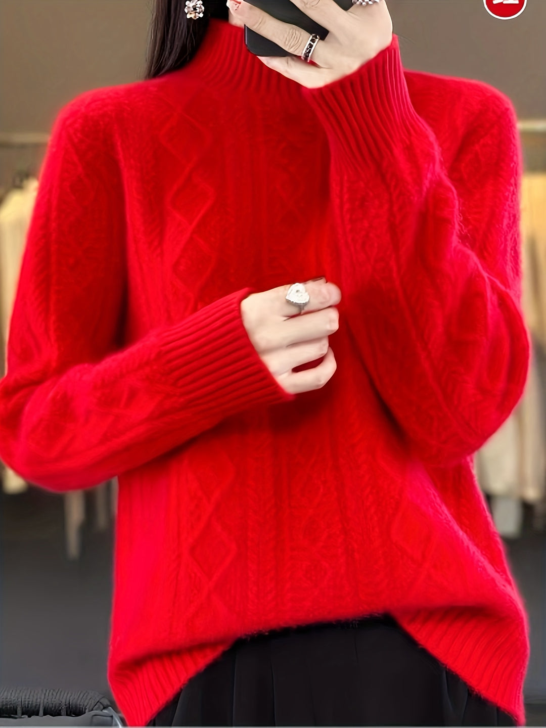 Cable knit sweater with stand-up collar for women