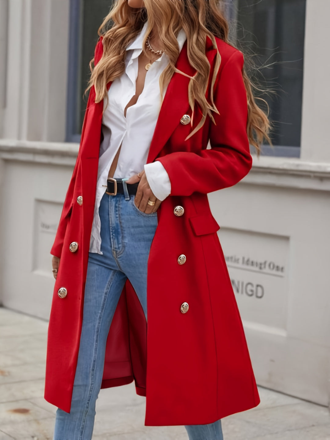 Long trench coat with button placket and A-line cut for women