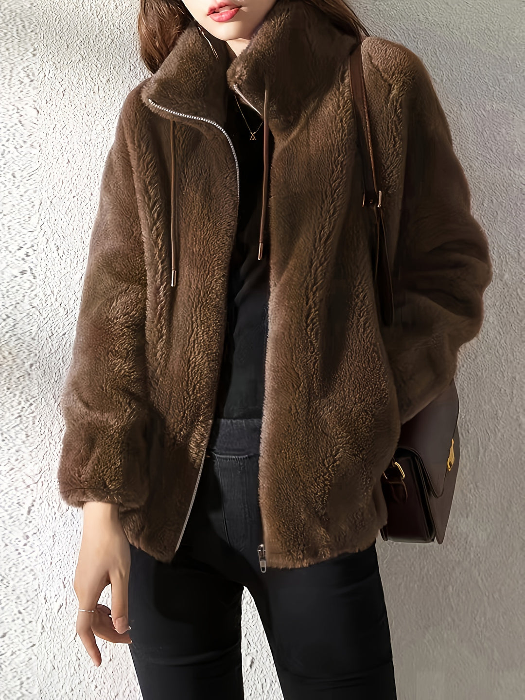 Teddy coat with zipper and drawstring for women