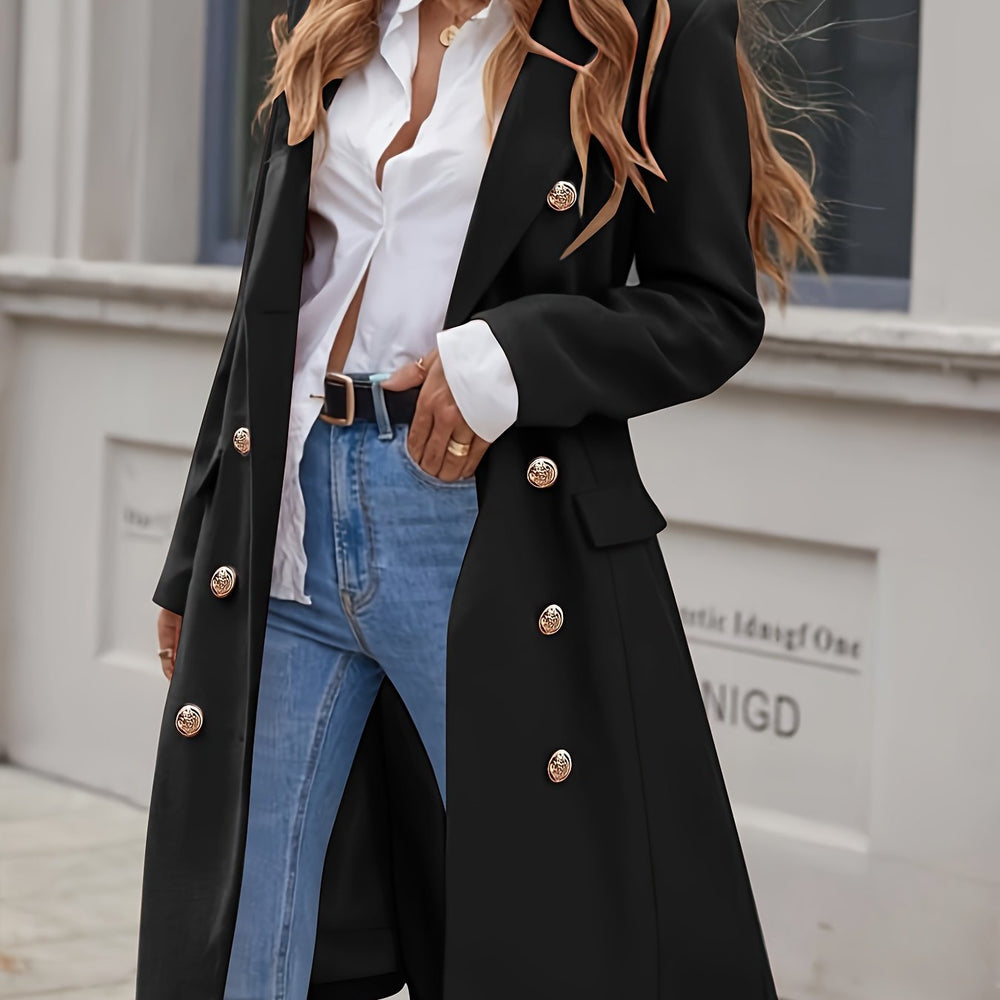 Long trench coat with button placket and A-line cut for women
