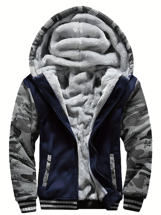 Warm camouflage fleece jacket with hood for men