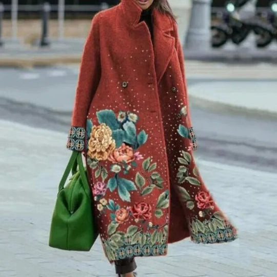 Women's Long Coat with Floral Pattern