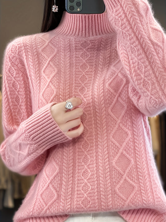 Cable knit sweater with stand-up collar for women