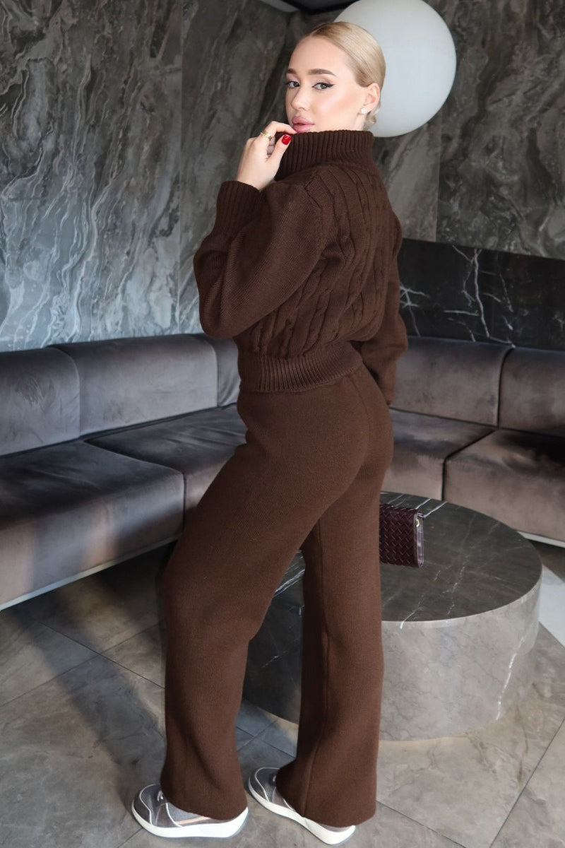 Damen-Kabelstrick-Zweiteiler mit Oberteil und Hose mit geradem Bein