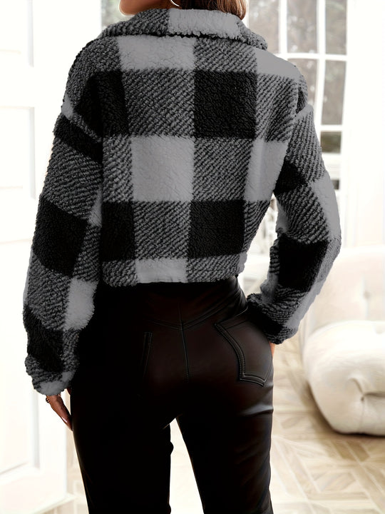 Checked teddy jacket with zipper for women