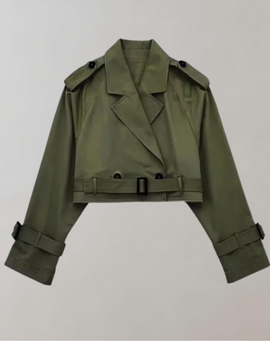 Women's Short Trench Coat with Belt and Long Sleeves 
