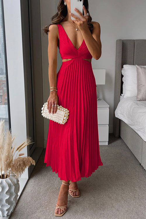 Women's Midi Dress with V-Neck and Pleated Design 