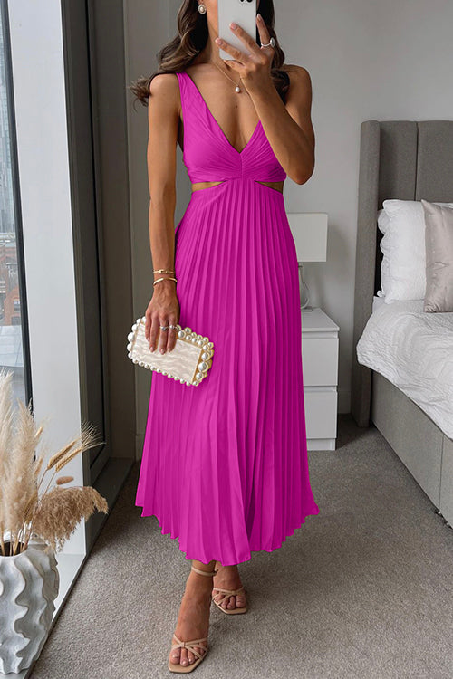 Women's Midi Dress with V-Neck and Pleated Design 