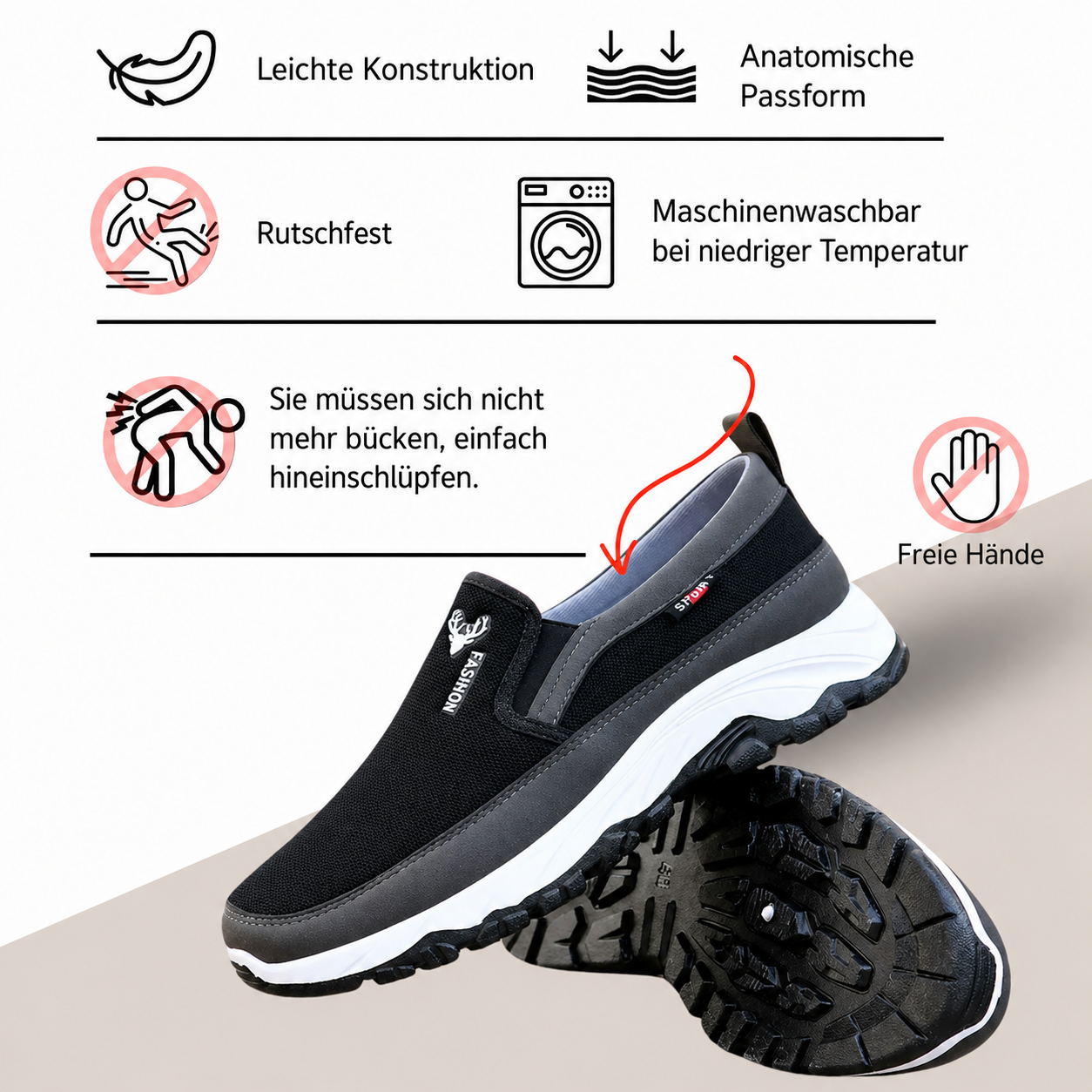 Rear and side detail of men's slip-on trainers with flexible sporty sole