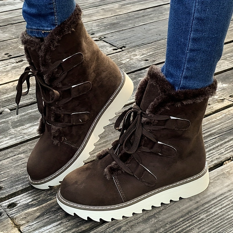 Lace-up boots with faux fur trim and platform sole for women