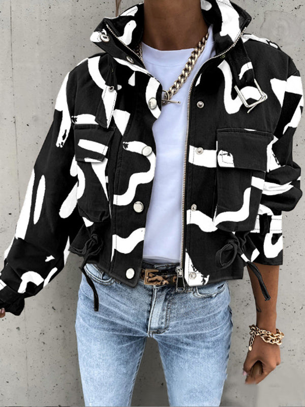 Women's Jacket with Stand-Up Collar and Print Design 