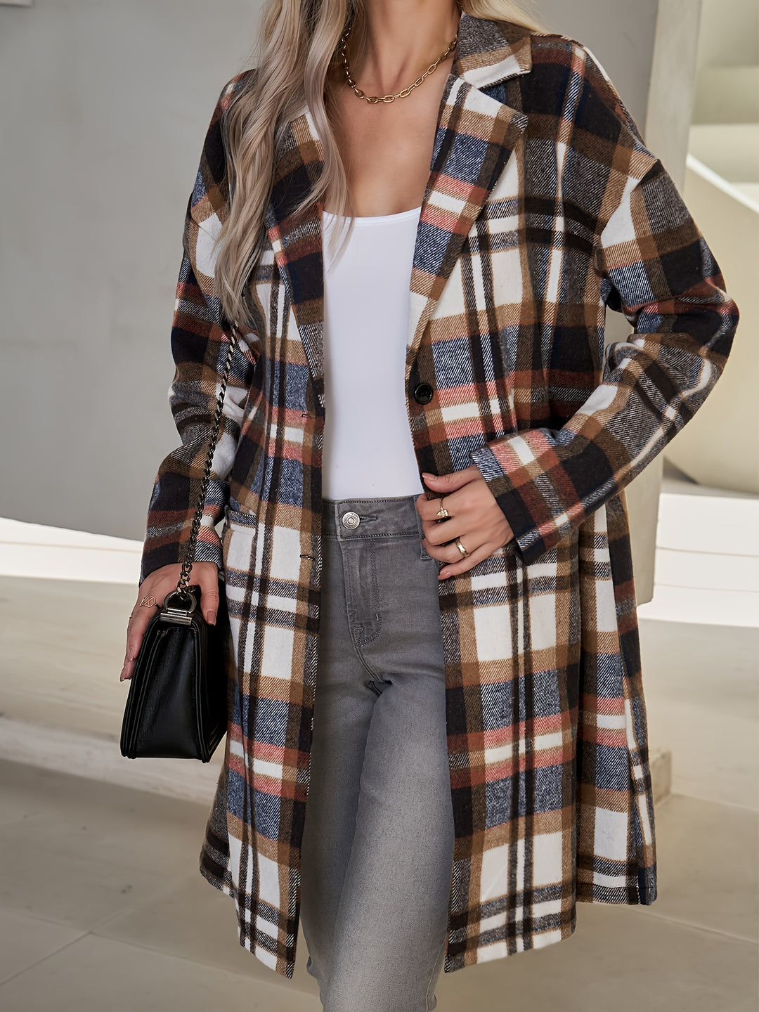 Checked long coat with button placket for women