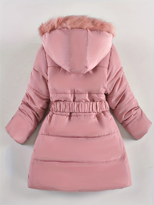 Quilted winter jacket with hood and belt for women