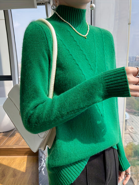 Women's knitted sweater with stand-up collar and textured pattern