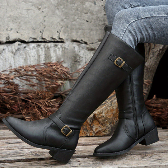 Knee-high boots with buckle and zipper for women