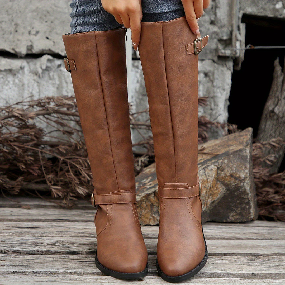 Knee-high boots with buckle and zipper for women