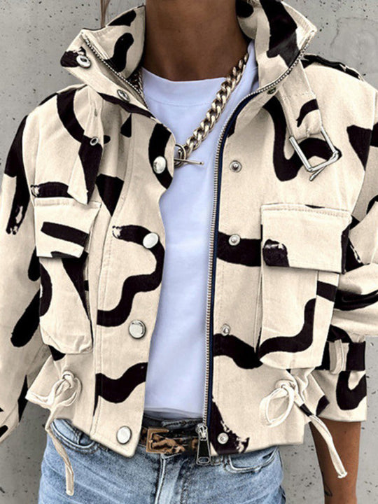 Women's Jacket with Stand-Up Collar and Print Design 