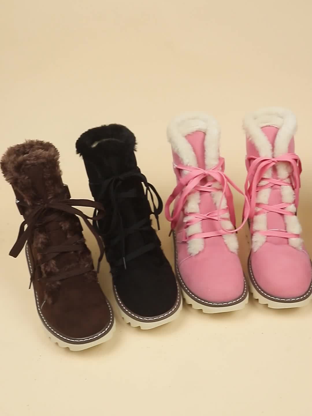 Lace-up boots with faux fur trim and platform sole for women