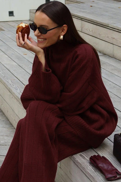 Damen Rippstrickset Mit Rollkragenpullover Und Weiter Hose