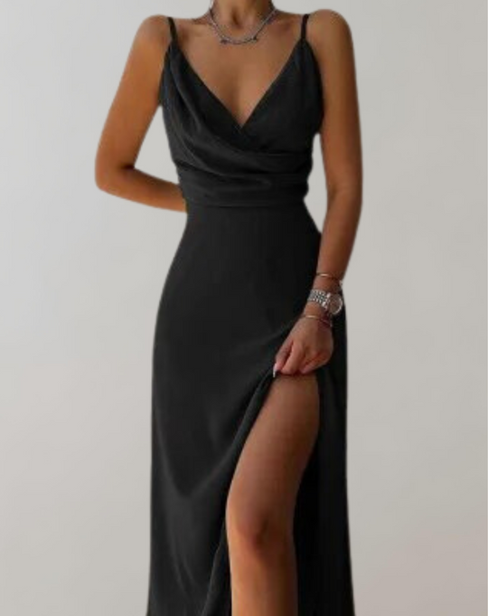 Women's evening dress with spaghetti straps and a high slit