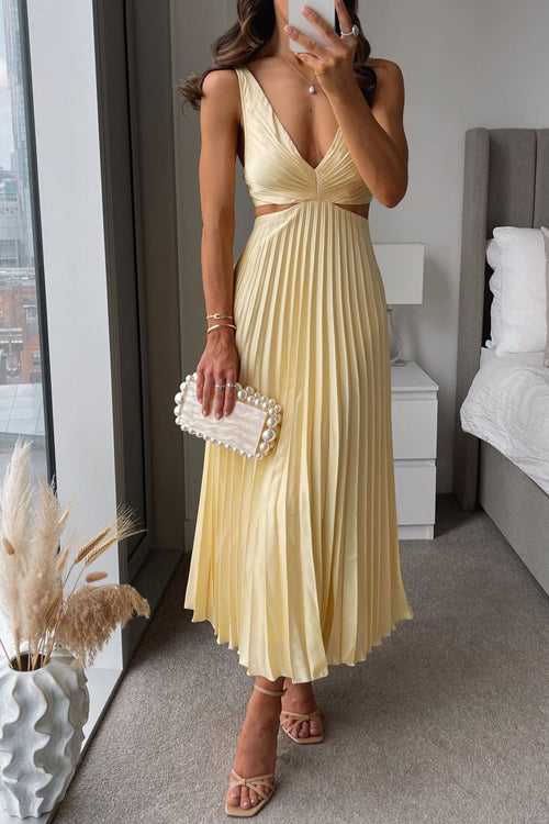 Women's Midi Dress with V-Neck and Pleated Design 