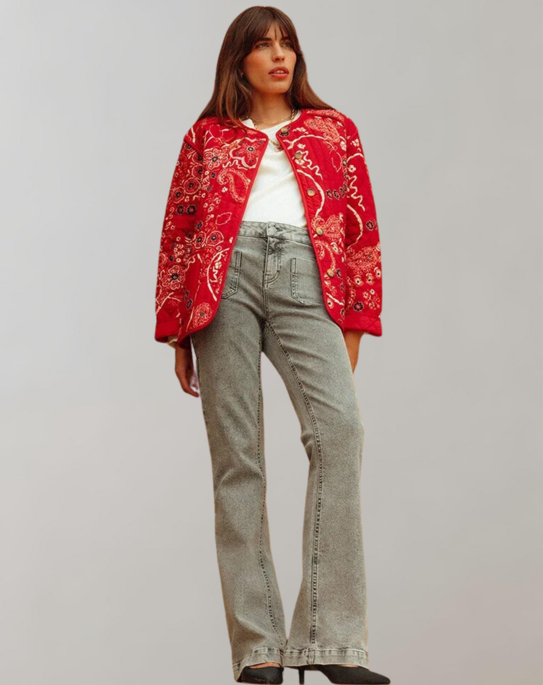 Women's quilted jacket with long flared sleeves and patchwork pattern