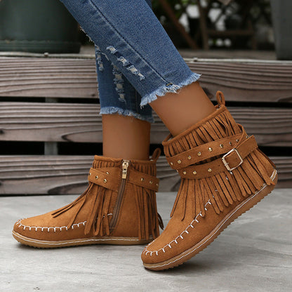 Damen Fransenstiefel Aus Weichem Wildleder Mit Riemen