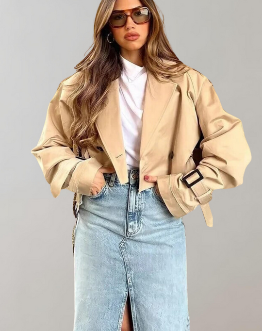 Women's Short Trench Coat with Belt and Long Sleeves 