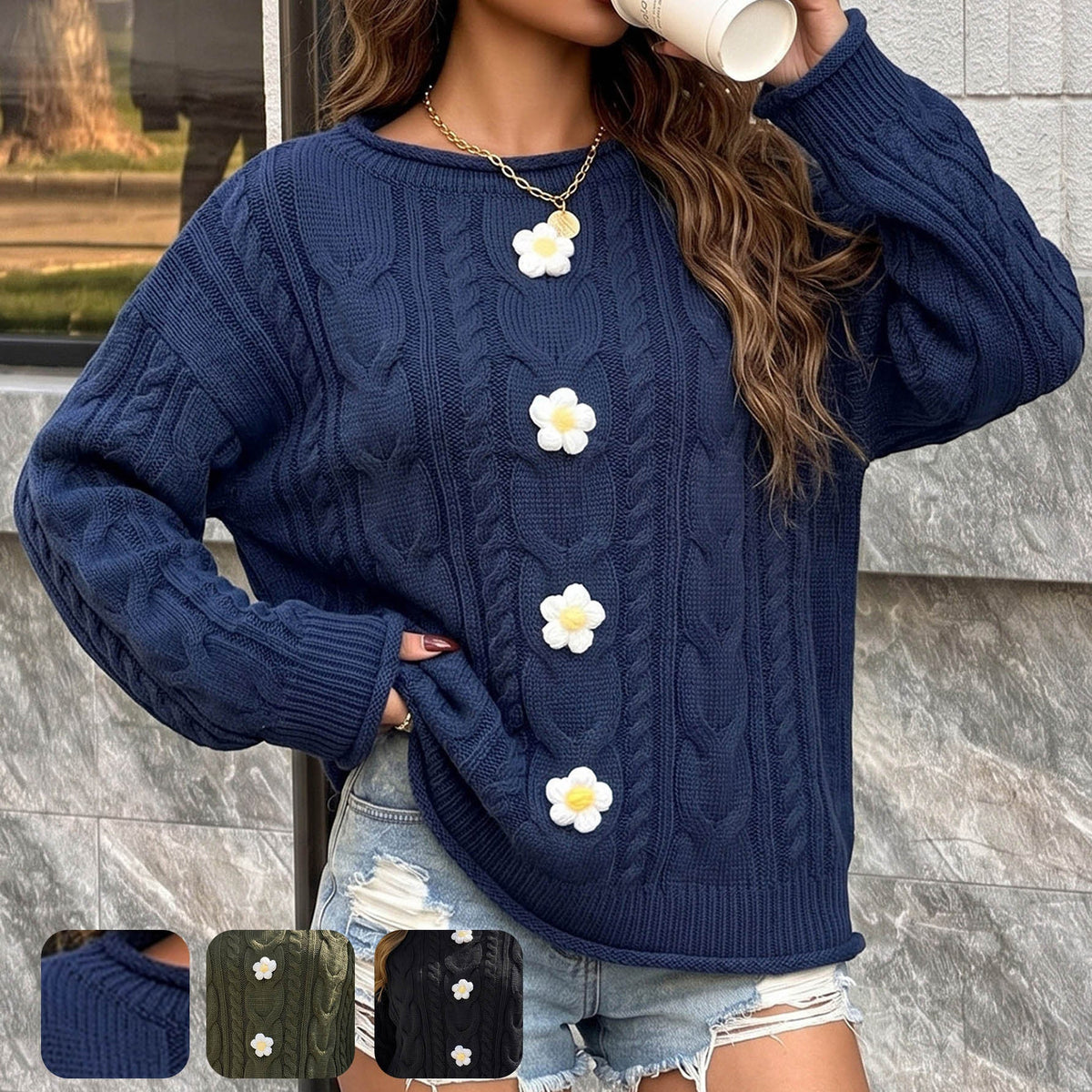 Damenpullover mit handgehäkeltem Patchwork-Muster im Boho-Stil