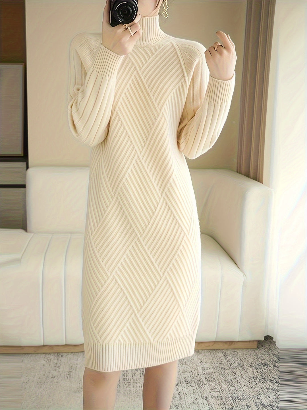 Women's knitted dress with stand-up collar and ribbed texture