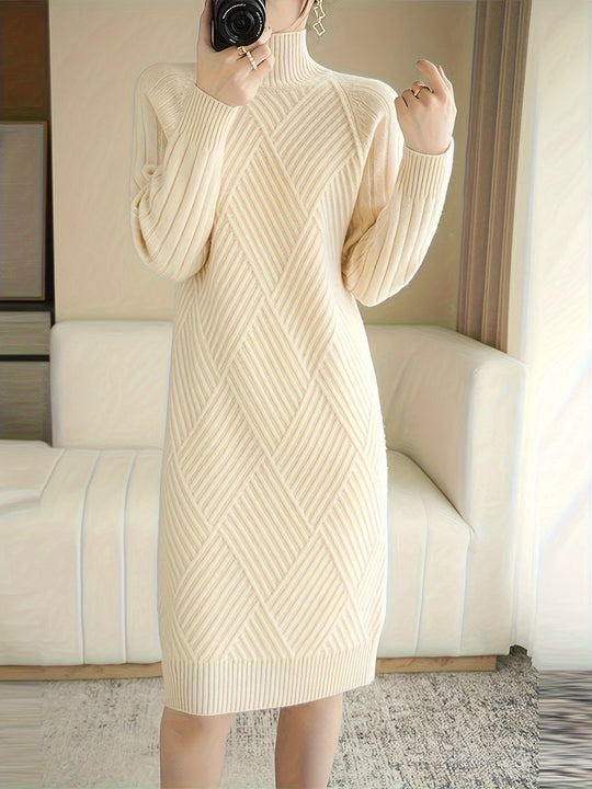 Women's knitted dress with stand-up collar and ribbed texture
