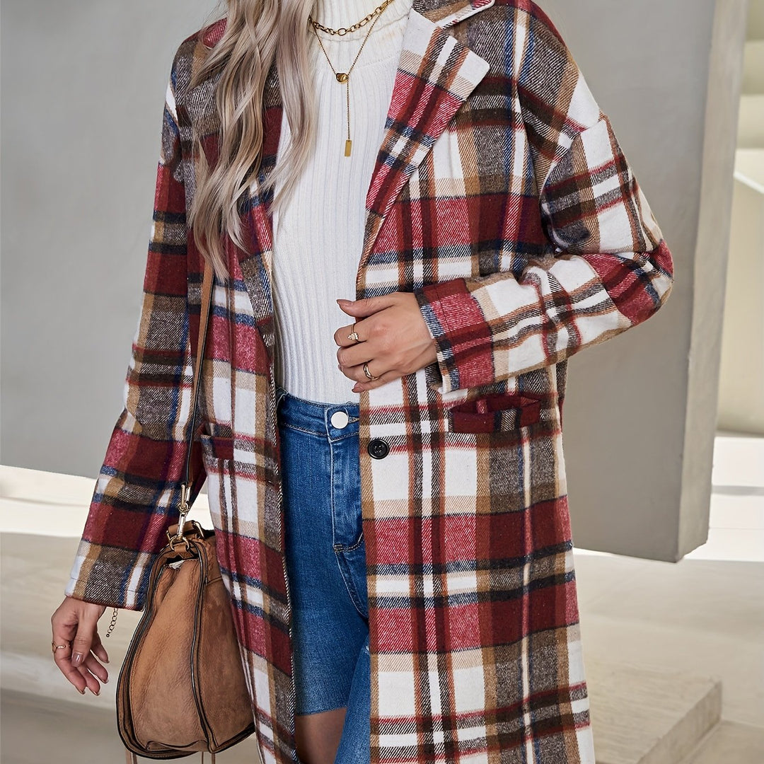 Checked long coat with button placket for women