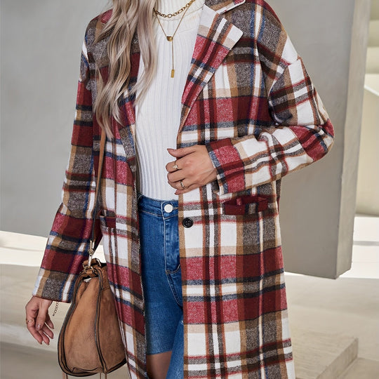 Checked long coat with button placket for women