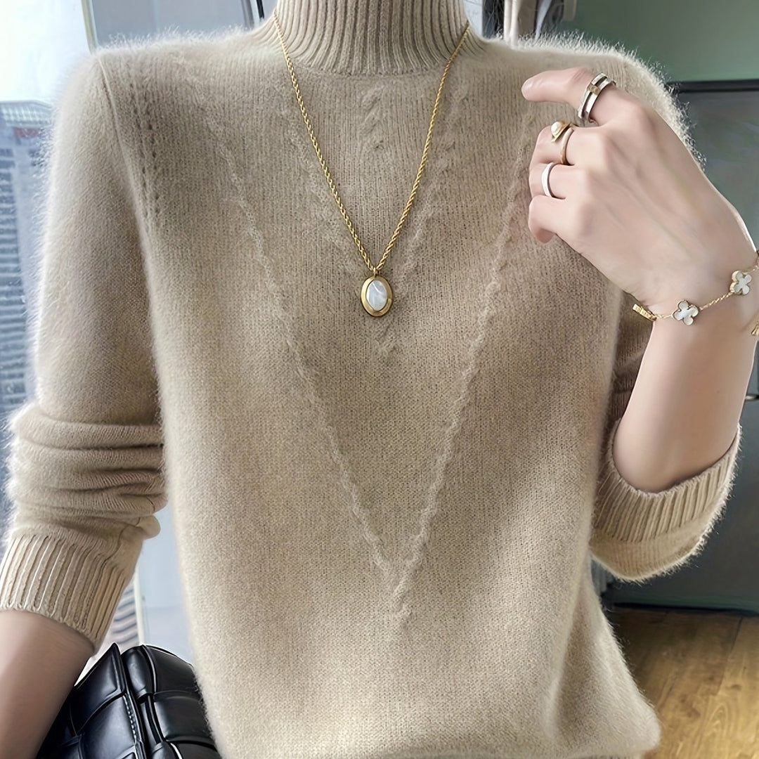 Women's knitted sweater with stand-up collar and textured pattern