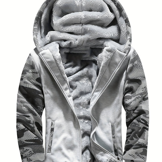 Warm camouflage fleece jacket with hood for men
