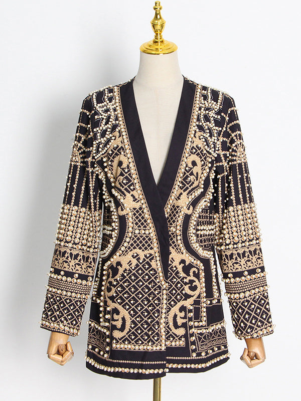 Women's blazer with pearl embellishment and V-neck