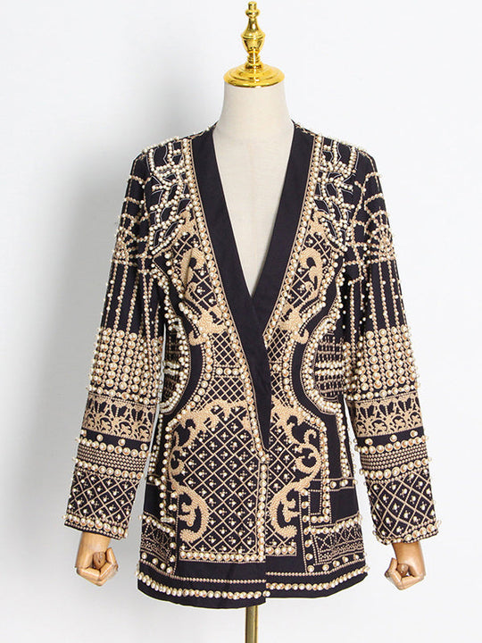 Women's blazer with pearl embellishment and V-neck
