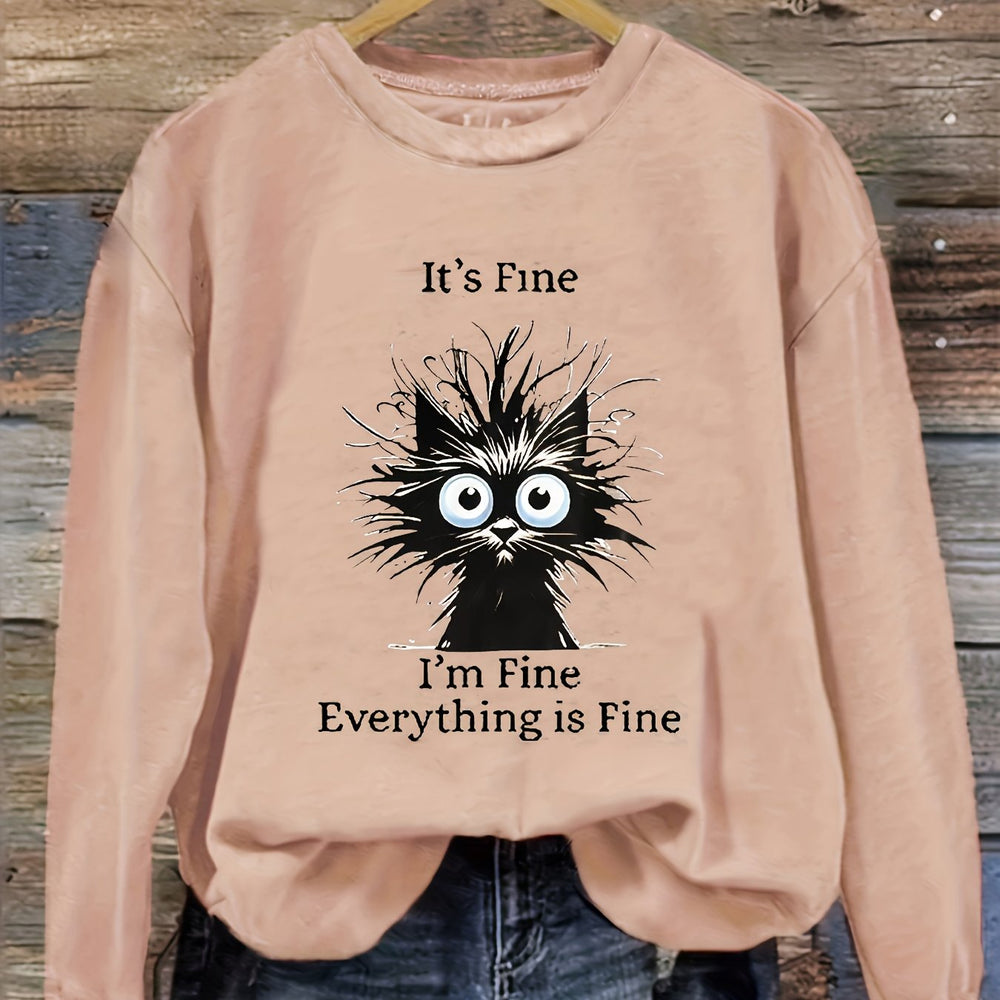 Women's sweatshirt with cat motif and round neck