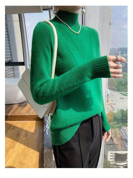 Women's knitted sweater with stand-up collar and textured pattern