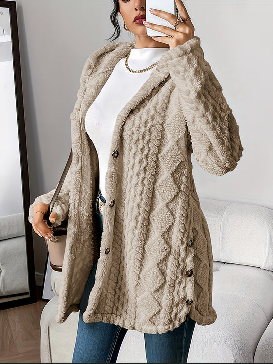 Jacquard knitted coat with hood and button placket for women