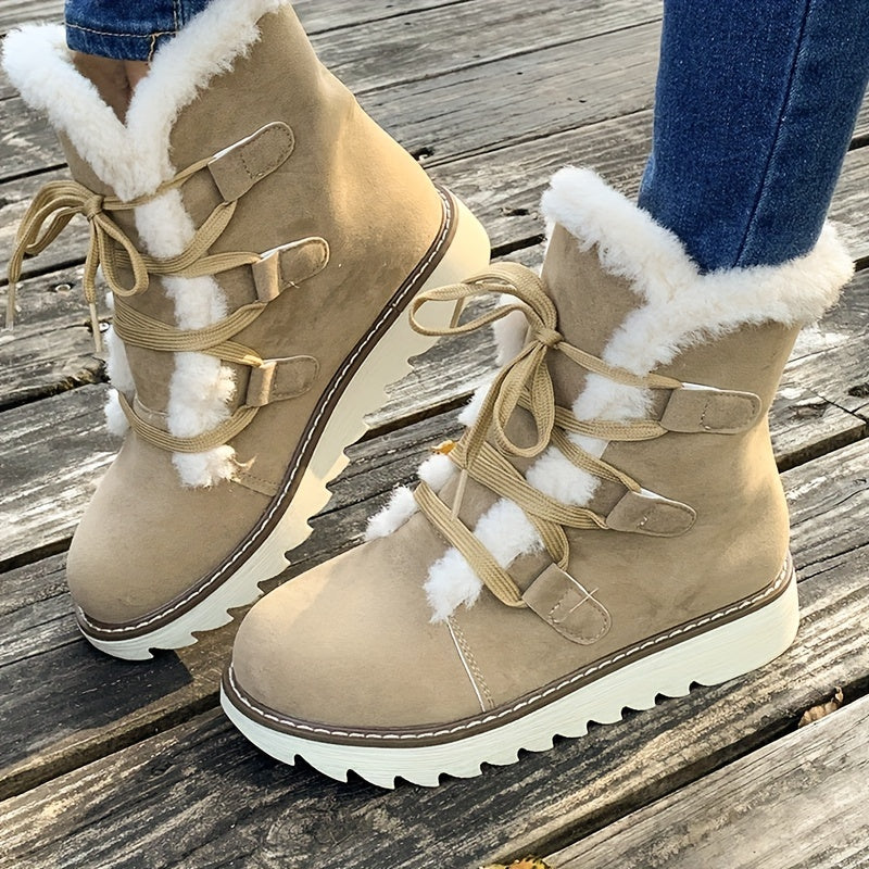 Lace-up boots with faux fur trim and platform sole for women