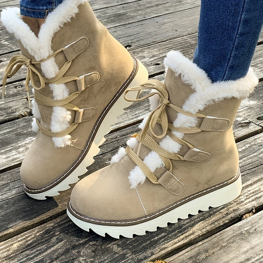 Lace-up boots with faux fur trim and platform sole for women