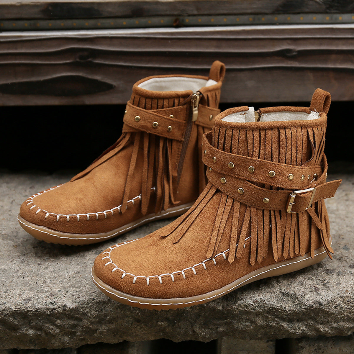 Damen Fransenstiefel Aus Weichem Wildleder Mit Riemen