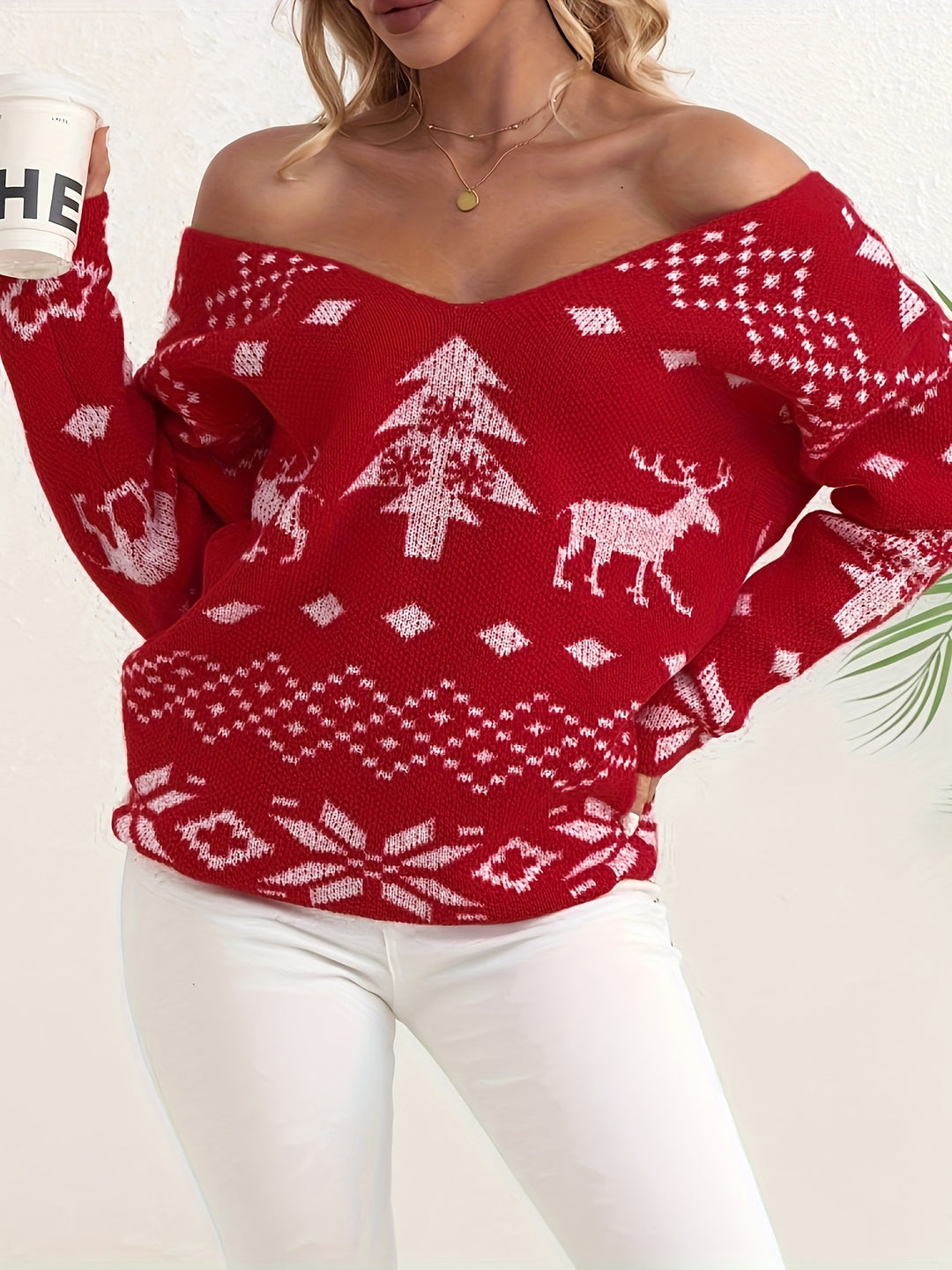 V-neck sweater with Christmas pattern and twist detail for women