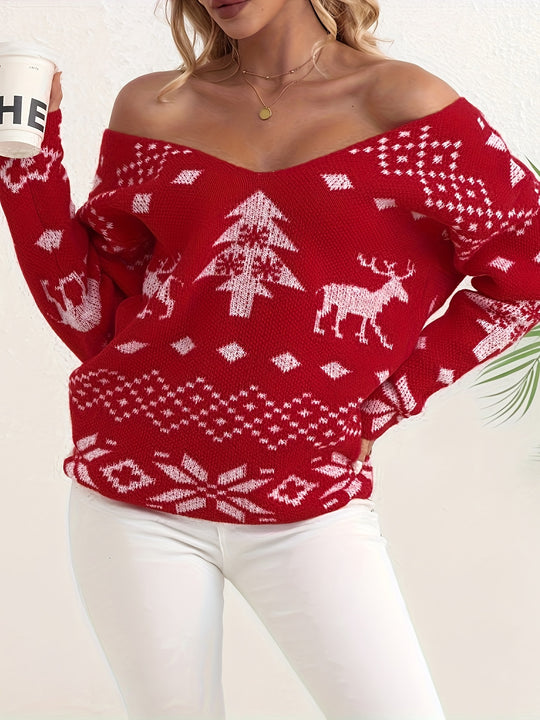 V-neck sweater with Christmas pattern and twist detail for women