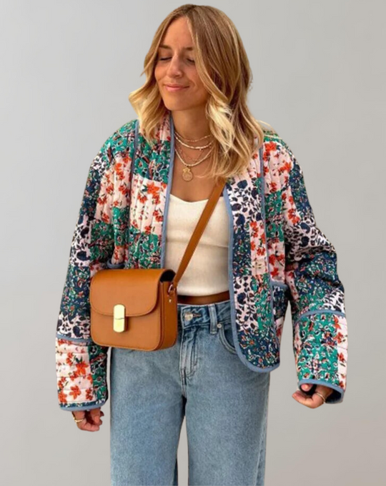 Women's quilted jacket with long flared sleeves and patchwork pattern